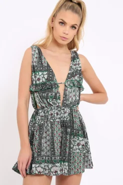 Rebellious Fashion Green Floral Print Plunge Tie Back Pleated Playsuit - Remy