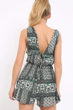 Rebellious Fashion Green Floral Print Plunge Tie Back Pleated Playsuit - Remy