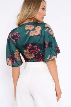 Rebellious Fashion Green Floral Print Satin Tie Crop Top - Kynslee