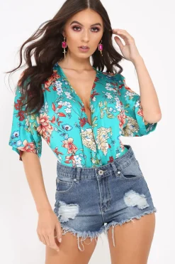Rebellious Fashion Green Floral Satin Plunge Bodysuit - Feona