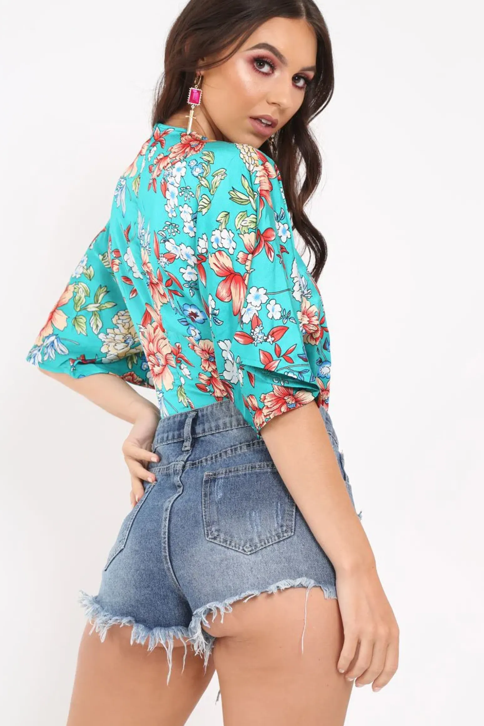 Rebellious Fashion Green Floral Satin Plunge Bodysuit - Feona