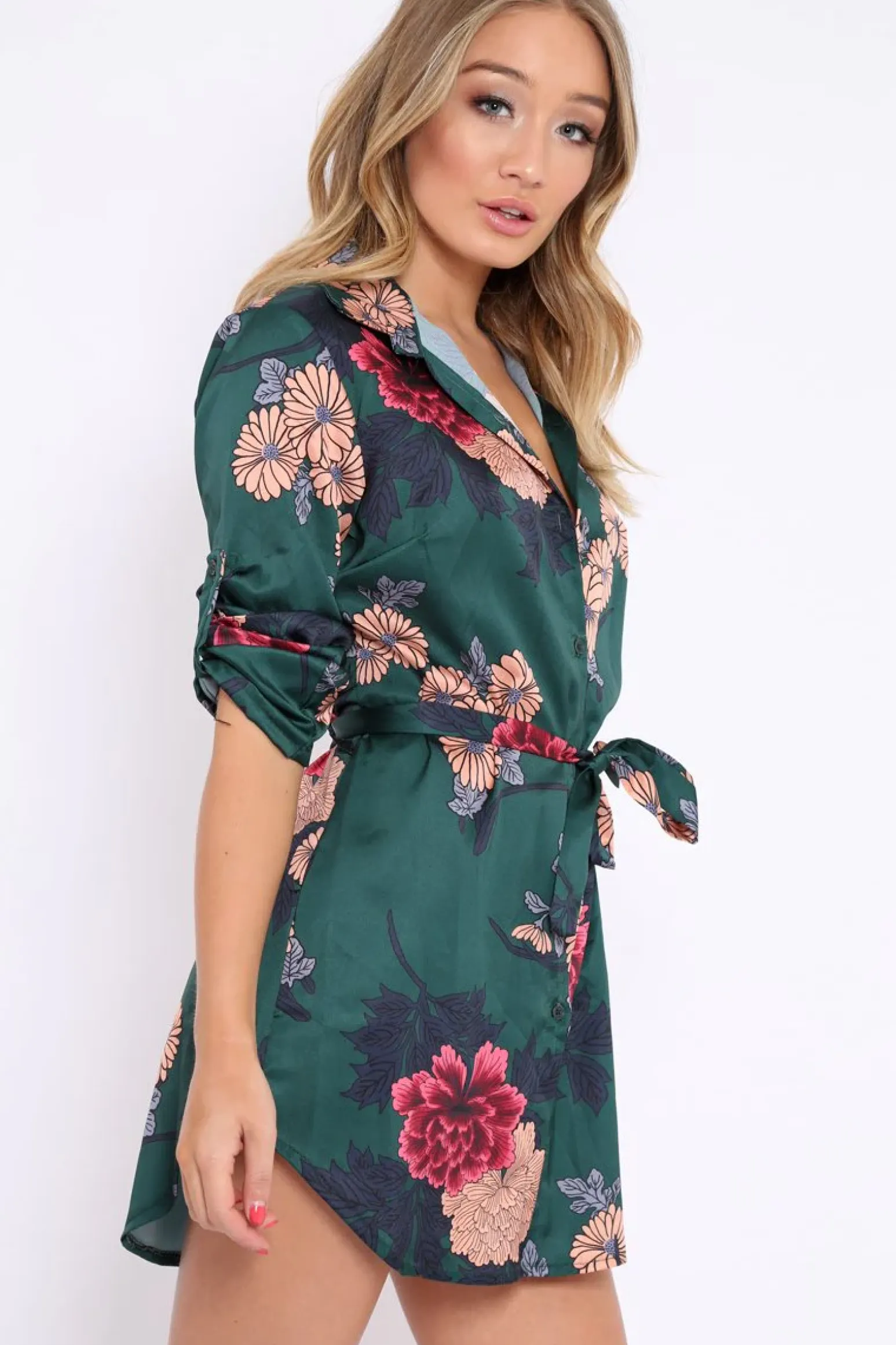 Rebellious Fashion Green Floral Satin Shirt Tie Dress - Sophina