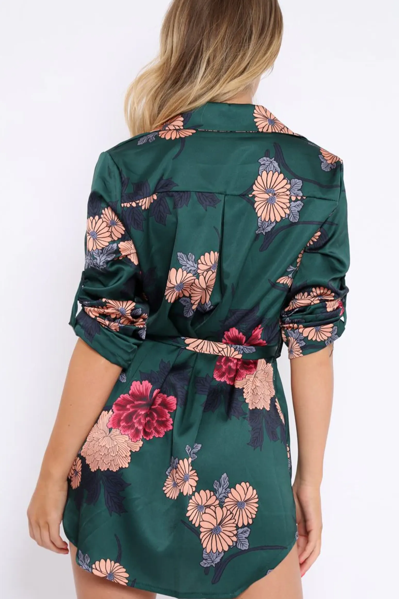 Rebellious Fashion Green Floral Satin Shirt Tie Dress - Sophina