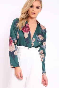 Rebellious Fashion Green Flower Print Plunge Satin Bodysuit - Madelynn