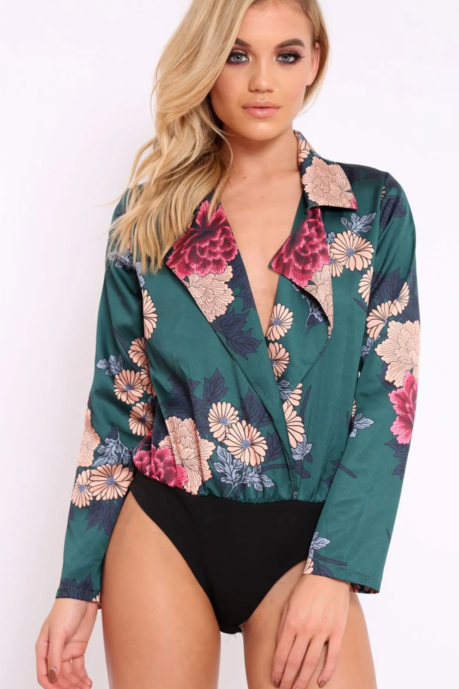Rebellious Fashion Green Flower Print Plunge Satin Bodysuit - Madelynn