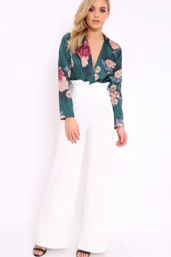 Rebellious Fashion Green Flower Print Plunge Satin Bodysuit - Madelynn