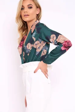 Rebellious Fashion Green Flower Print Plunge Satin Bodysuit - Madelynn