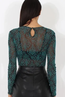 Rebellious Fashion Green Folk Print Sheer Bodysuit - Frances
