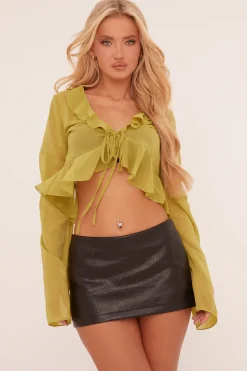 Rebellious Fashion Green Frill Detail Tie Front Long Sleeve Cropped Top - Legacy