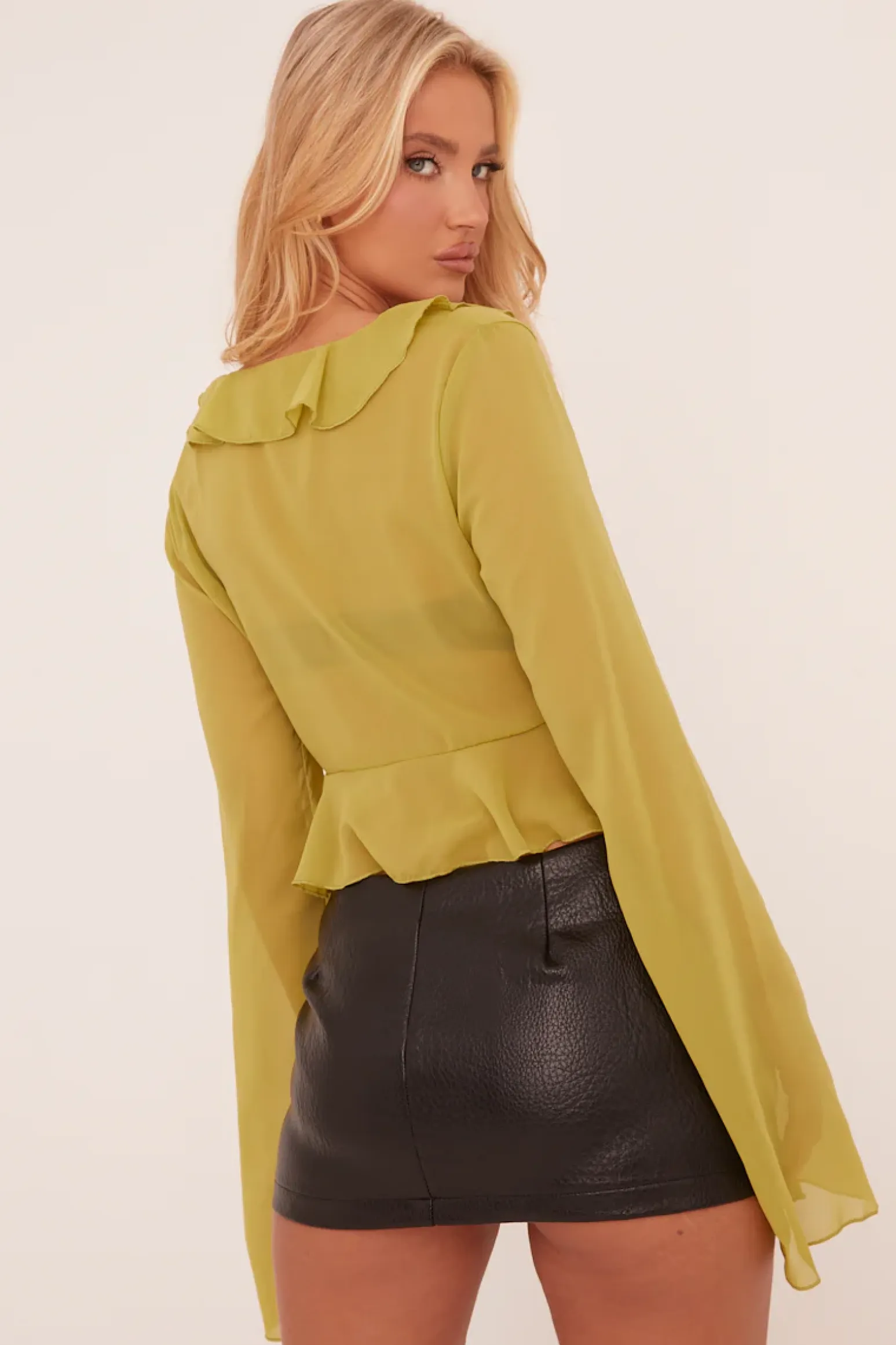 Rebellious Fashion Green Frill Detail Tie Front Long Sleeve Cropped Top - Legacy