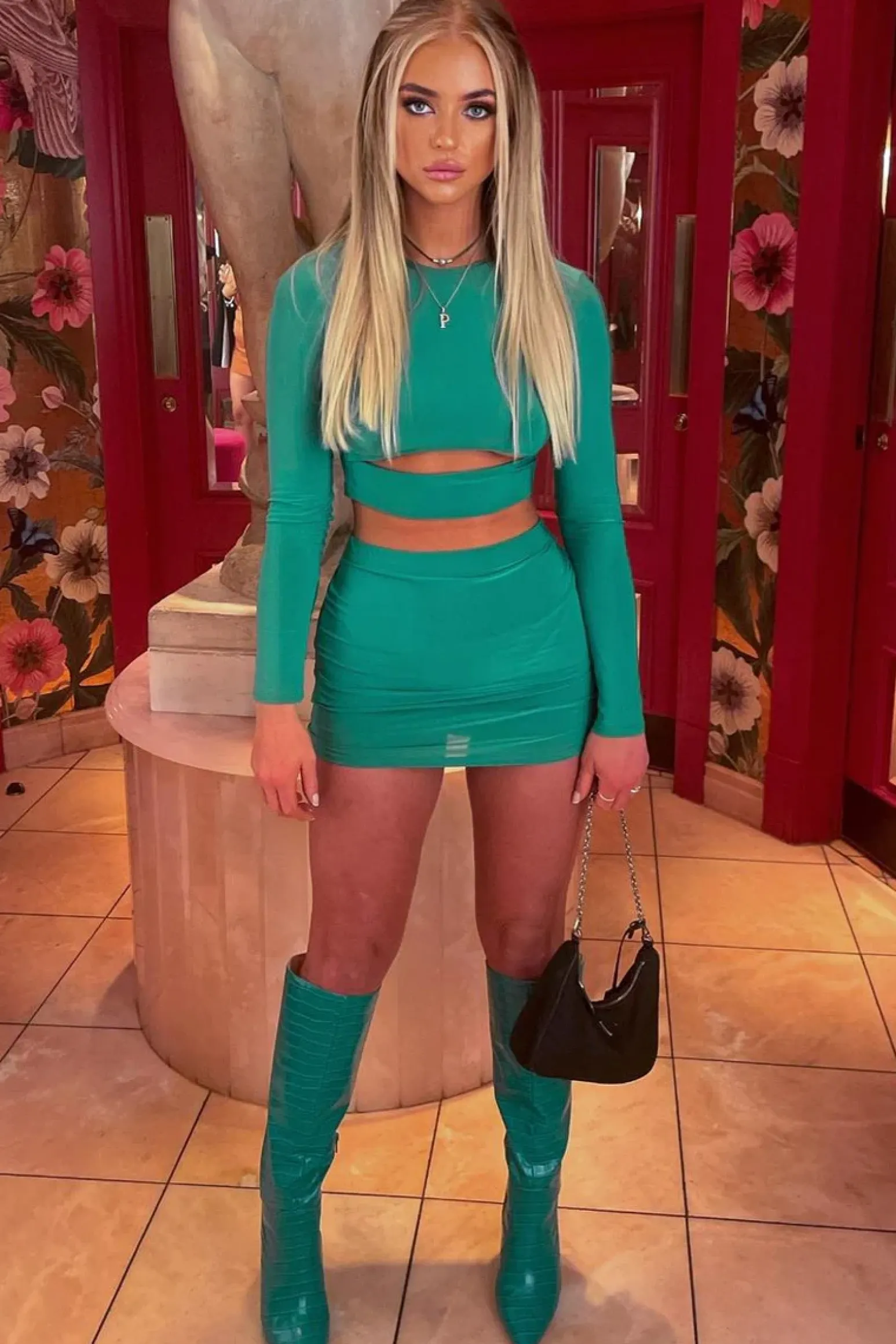 Rebellious Fashion Green Front Cut Out Crop Top & Mini Skirt Set - Belle