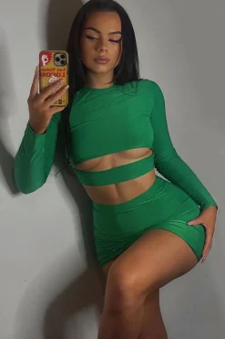 Rebellious Fashion Green Front Cut Out Crop Top & Mini Skirt Set - Belle