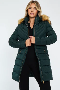 Rebellious Fashion Green Fur Hood Contrast Panel Puffer Coat - Chelsie
