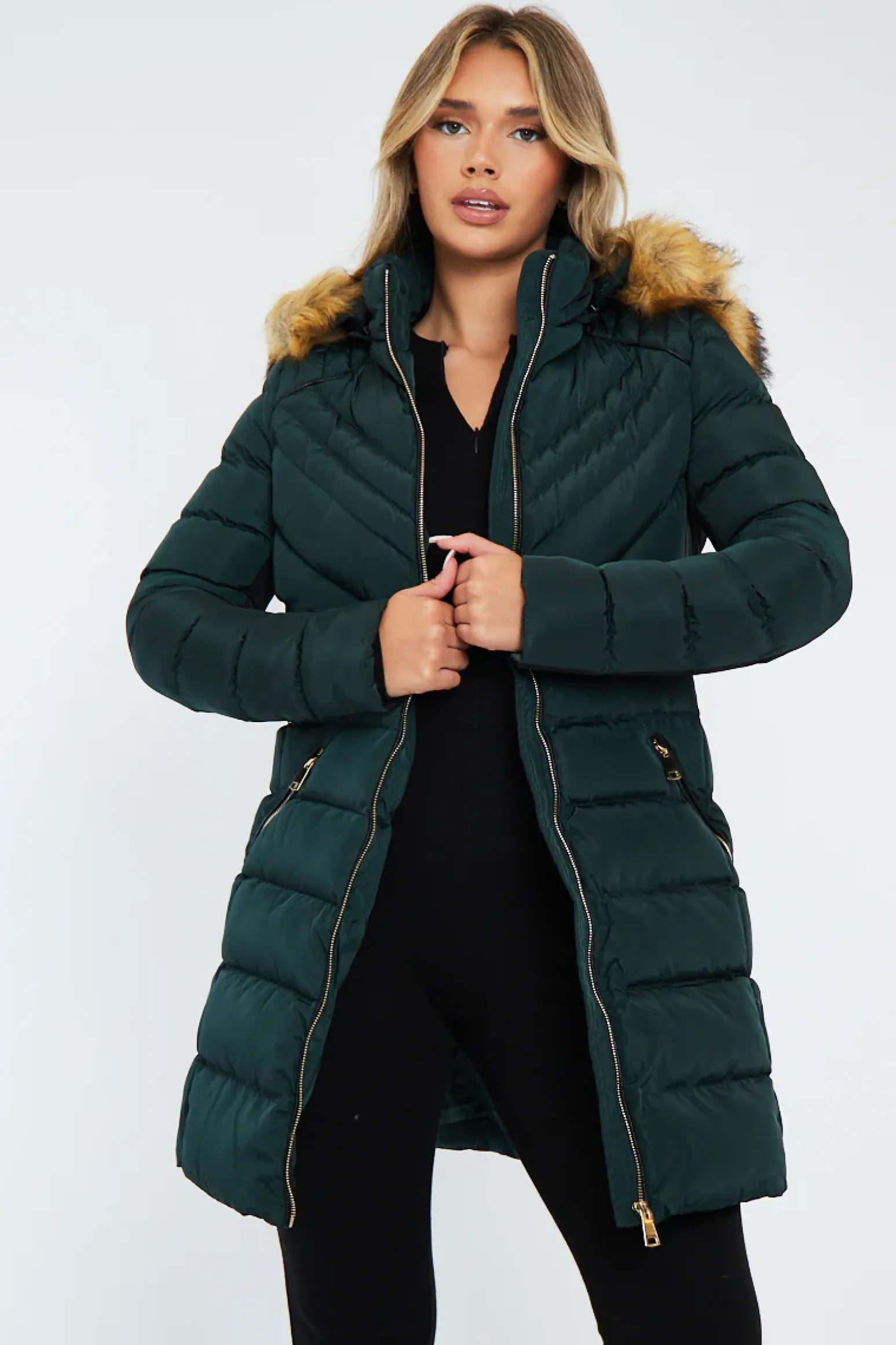 Rebellious Fashion Green Fur Hood Contrast Panel Puffer Coat - Chelsie