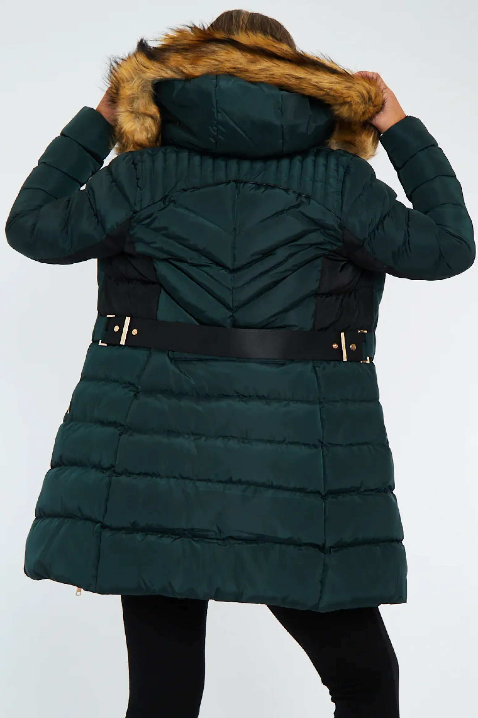 Rebellious Fashion Green Fur Hood Contrast Panel Puffer Coat - Chelsie