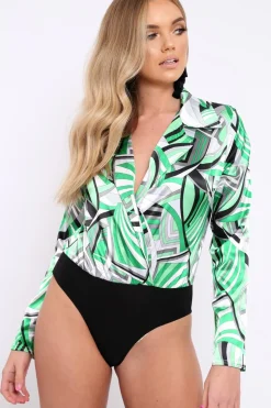 Rebellious Fashion Green Geometric Print Plunge Satin Bodysuit - Hetty