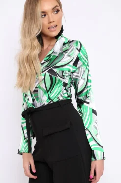 Rebellious Fashion Green Geometric Print Plunge Satin Bodysuit - Hetty