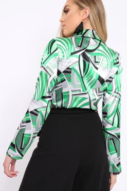 Rebellious Fashion Green Geometric Print Plunge Satin Bodysuit - Hetty