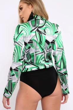 Rebellious Fashion Green Geometric Print Plunge Satin Bodysuit - Hetty
