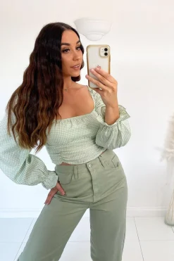 Rebellious Fashion Green Gingham Square Neckline Crop Top - Amora