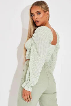 Rebellious Fashion Green Gingham Square Neckline Crop Top - Amora