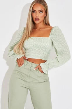 Rebellious Fashion Green Gingham Square Neckline Crop Top - Amora