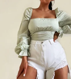Rebellious Fashion Green Gingham Square Neckline Crop Top - Amora