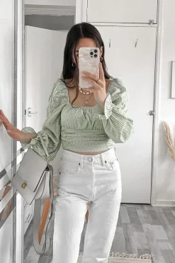 Rebellious Fashion Green Gingham Square Neckline Crop Top - Amora