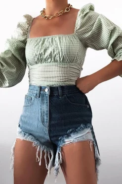 Rebellious Fashion Green Gingham Square Neckline Crop Top - Amora