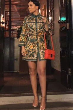 Rebellious Fashion Green Gold Chain Print Belted Shirt Dress - Estie