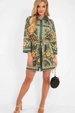 Rebellious Fashion Green Gold Chain Print Belted Shirt Dress - Estie