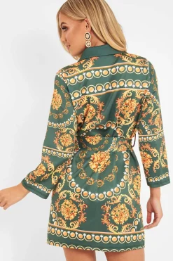 Rebellious Fashion Green Gold Chain Print Belted Shirt Dress - Estie