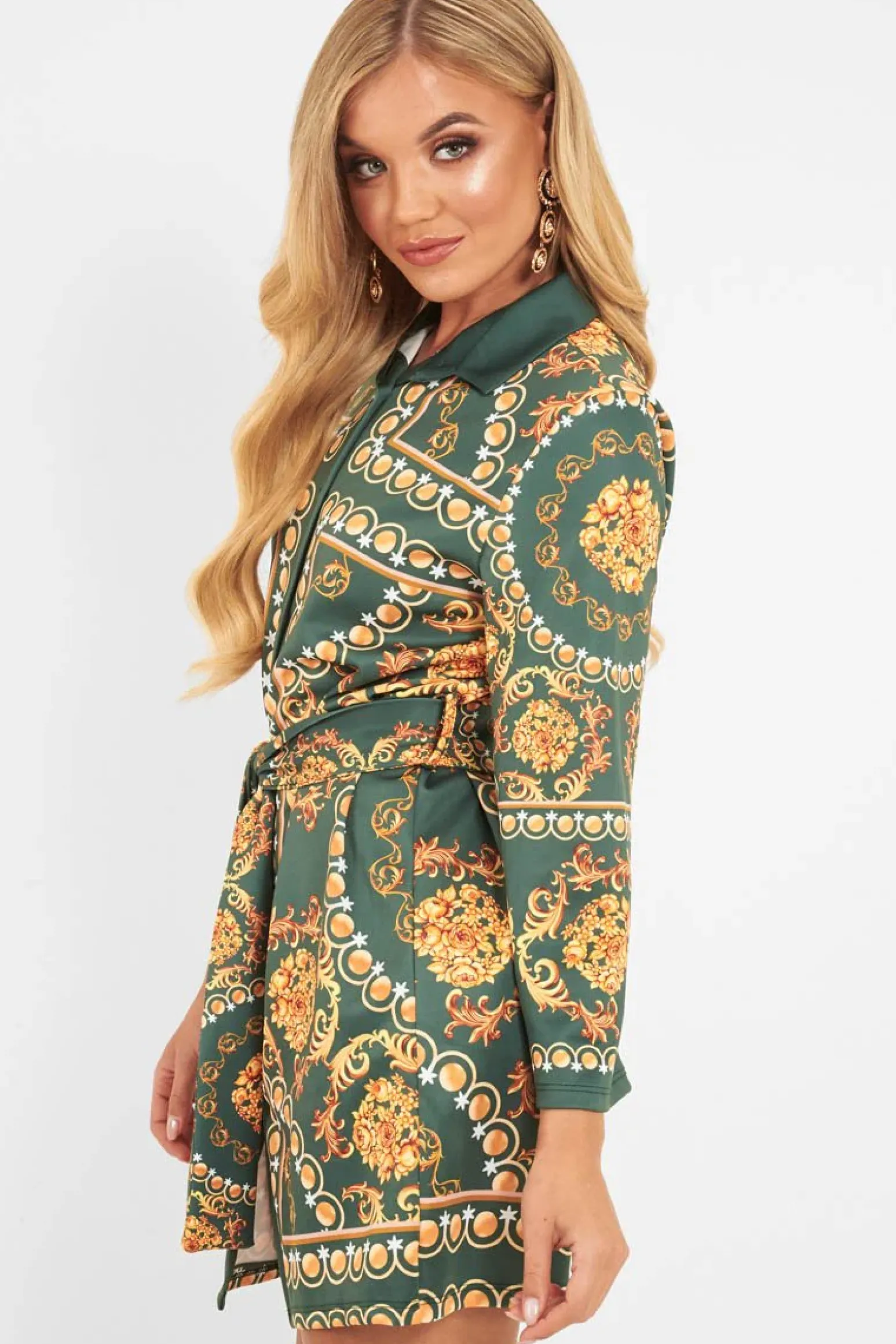 Rebellious Fashion Green Gold Chain Print Belted Shirt Dress - Estie