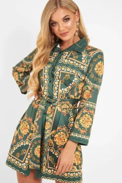 Rebellious Fashion Green Gold Chain Print Belted Shirt Dress - Estie