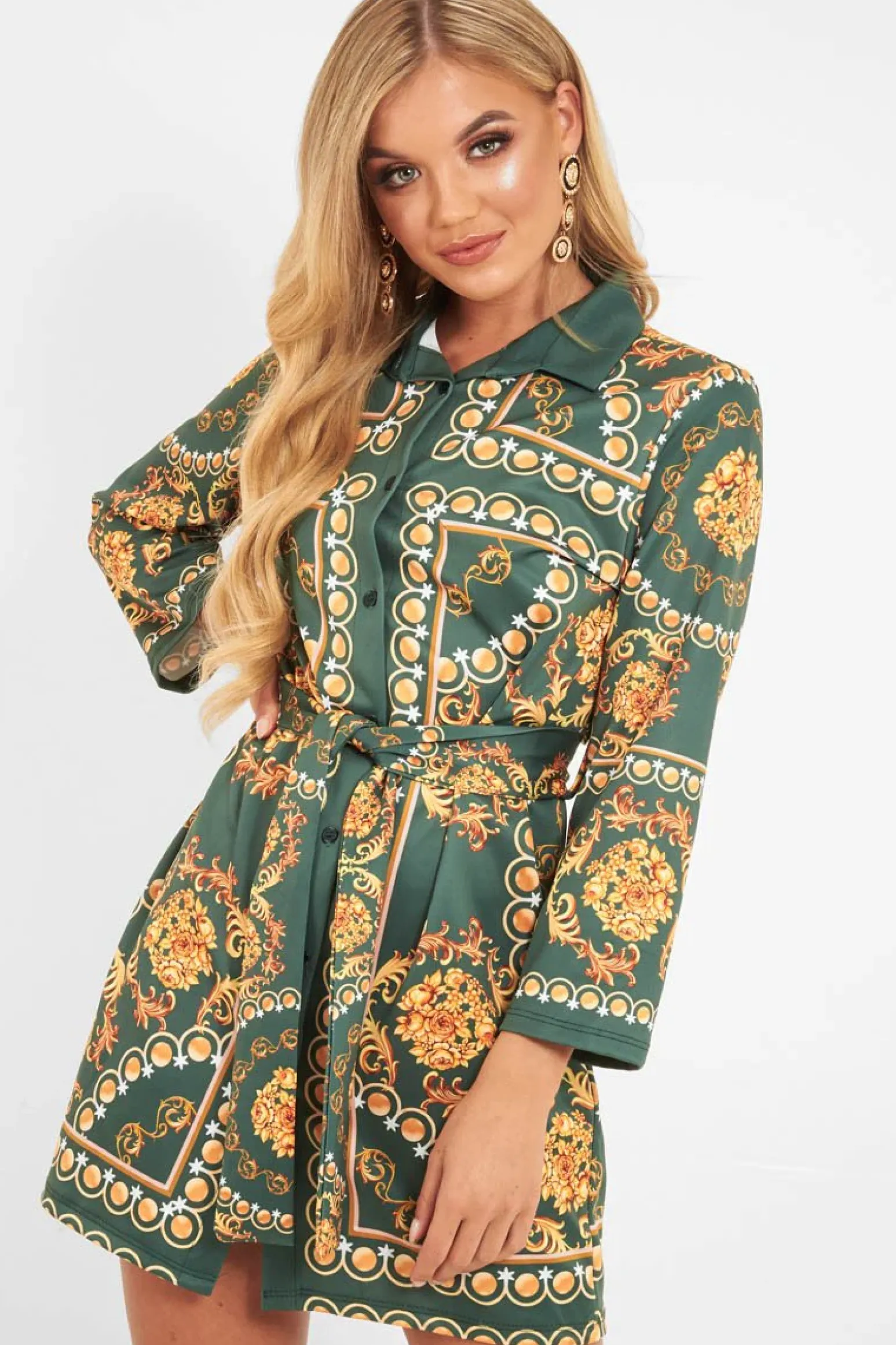 Rebellious Fashion Green Gold Chain Print Belted Shirt Dress - Estie