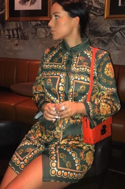 Rebellious Fashion Green Gold Chain Print Belted Shirt Dress - Estie