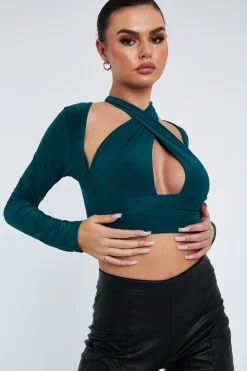 Rebellious Fashion Green Halter Neck Cut Out Crop Top - Sno