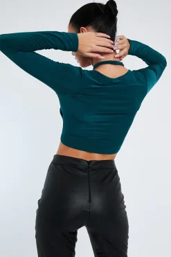 Rebellious Fashion Green Halter Neck Cut Out Crop Top - Sno