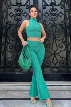 Rebellious Fashion Green High Neck Crop Top & Flare Pants Set - Dailyn