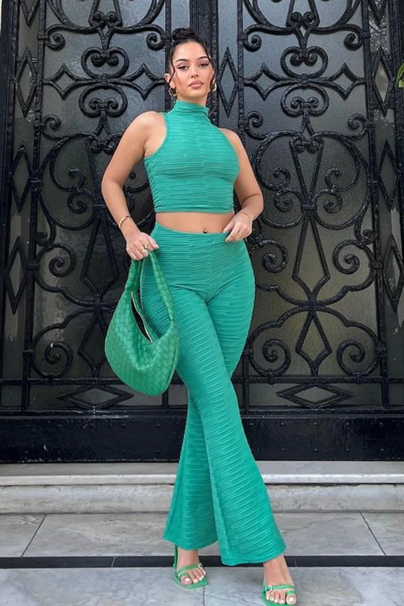 Rebellious Fashion Green High Neck Crop Top & Flare Pants Set - Dailyn