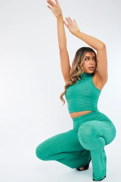 Rebellious Fashion Green High Neck Crop Top & Flare Pants Set - Dailyn