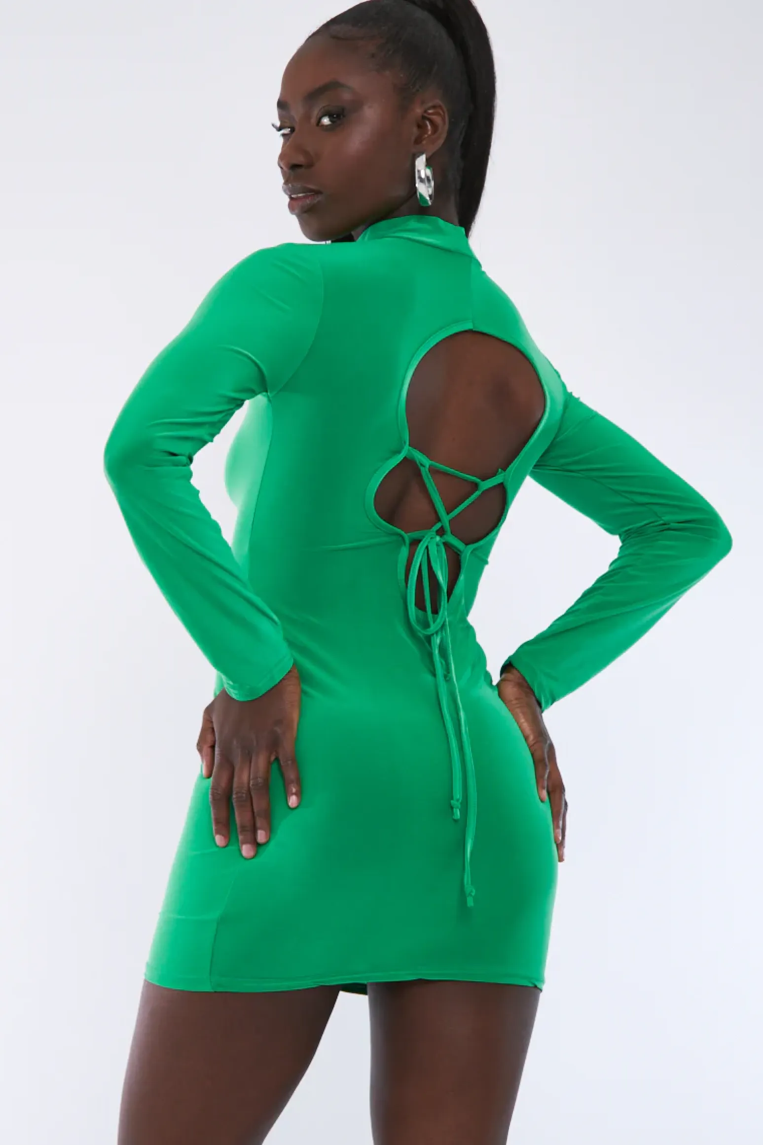 Rebellious Fashion Green High Neck Lace Up Back Mini Dress - Fay