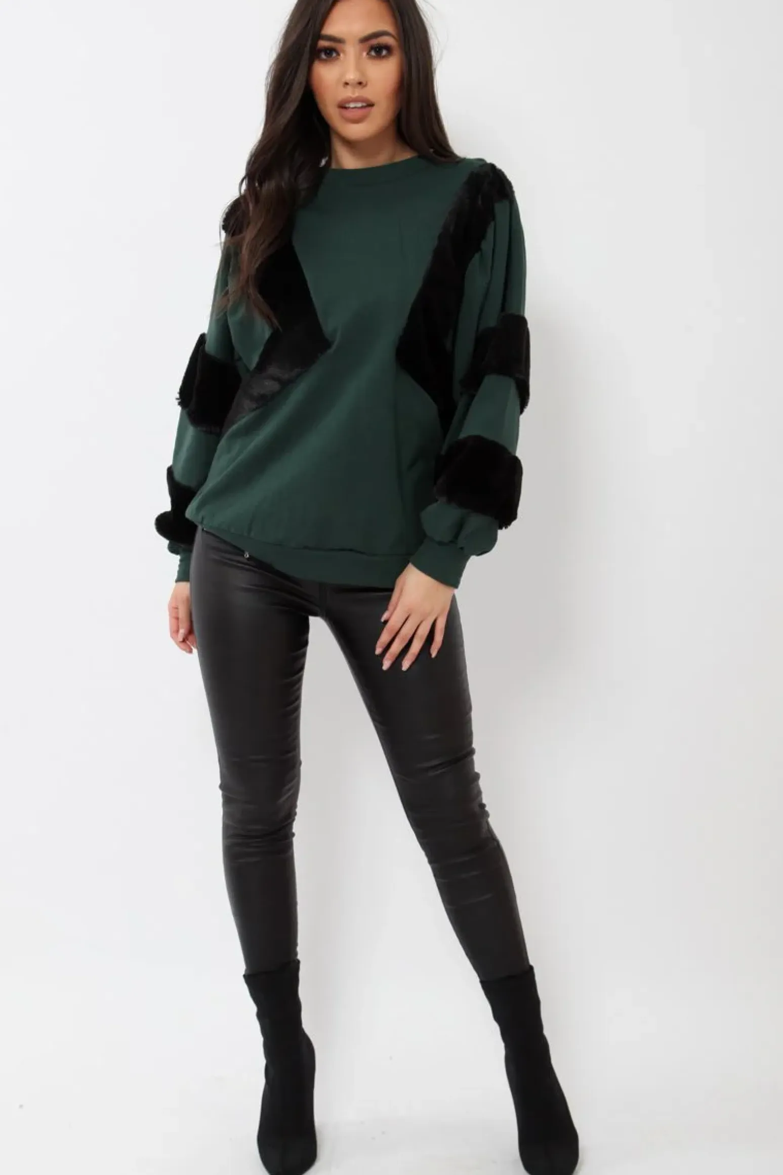 Rebellious Fashion Green Jumper with Fur on Front and Sleeves - Mercedes