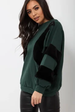 Rebellious Fashion Green Jumper with Fur on Front and Sleeves - Mercedes