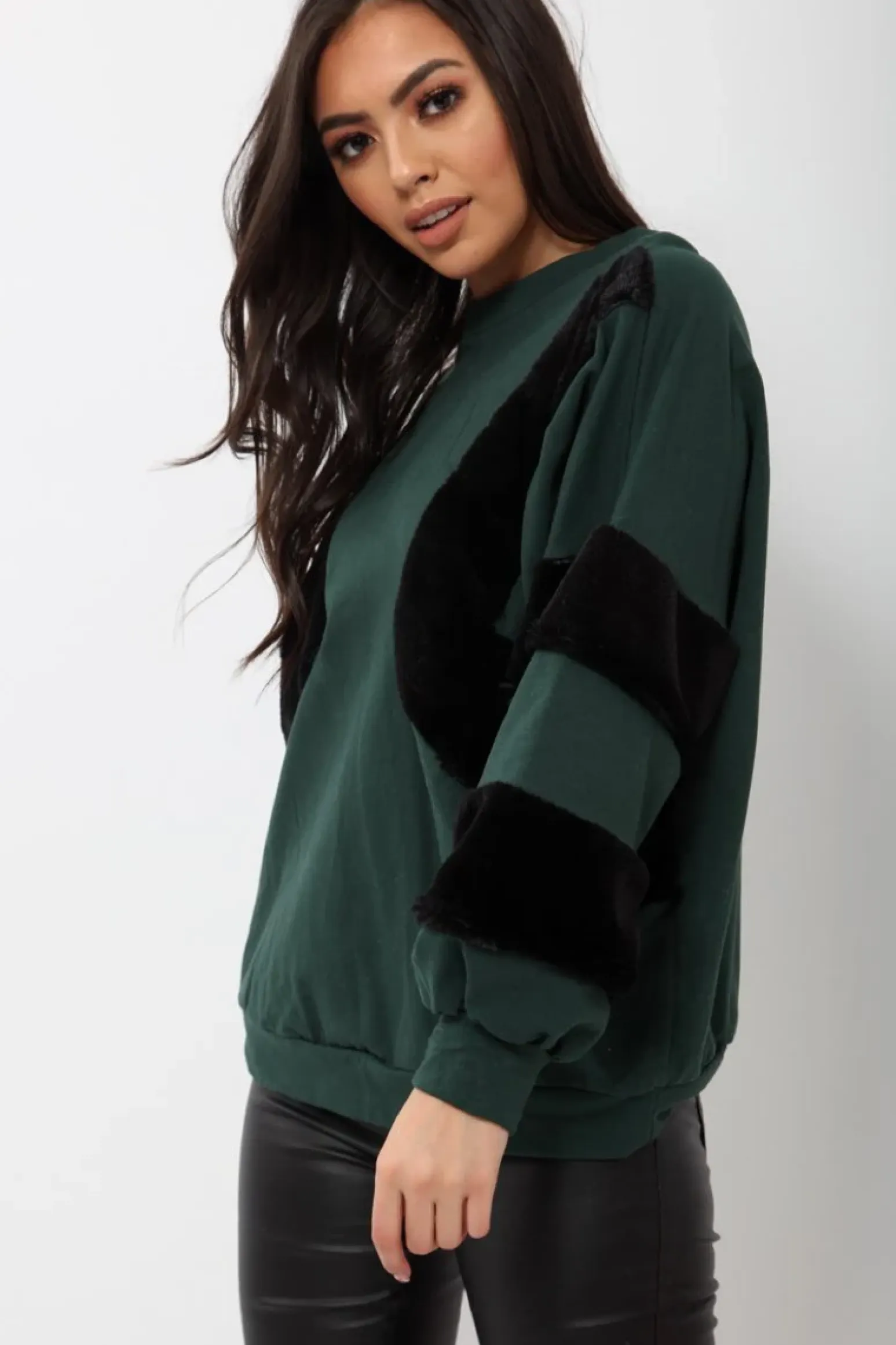 Rebellious Fashion Green Jumper with Fur on Front and Sleeves - Mercedes