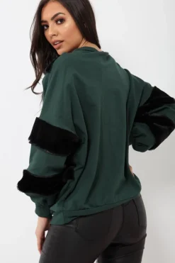 Rebellious Fashion Green Jumper with Fur on Front and Sleeves - Mercedes