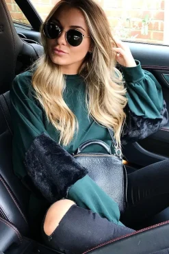 Rebellious Fashion Green Jumper with Fur Sleeves - Stephanie