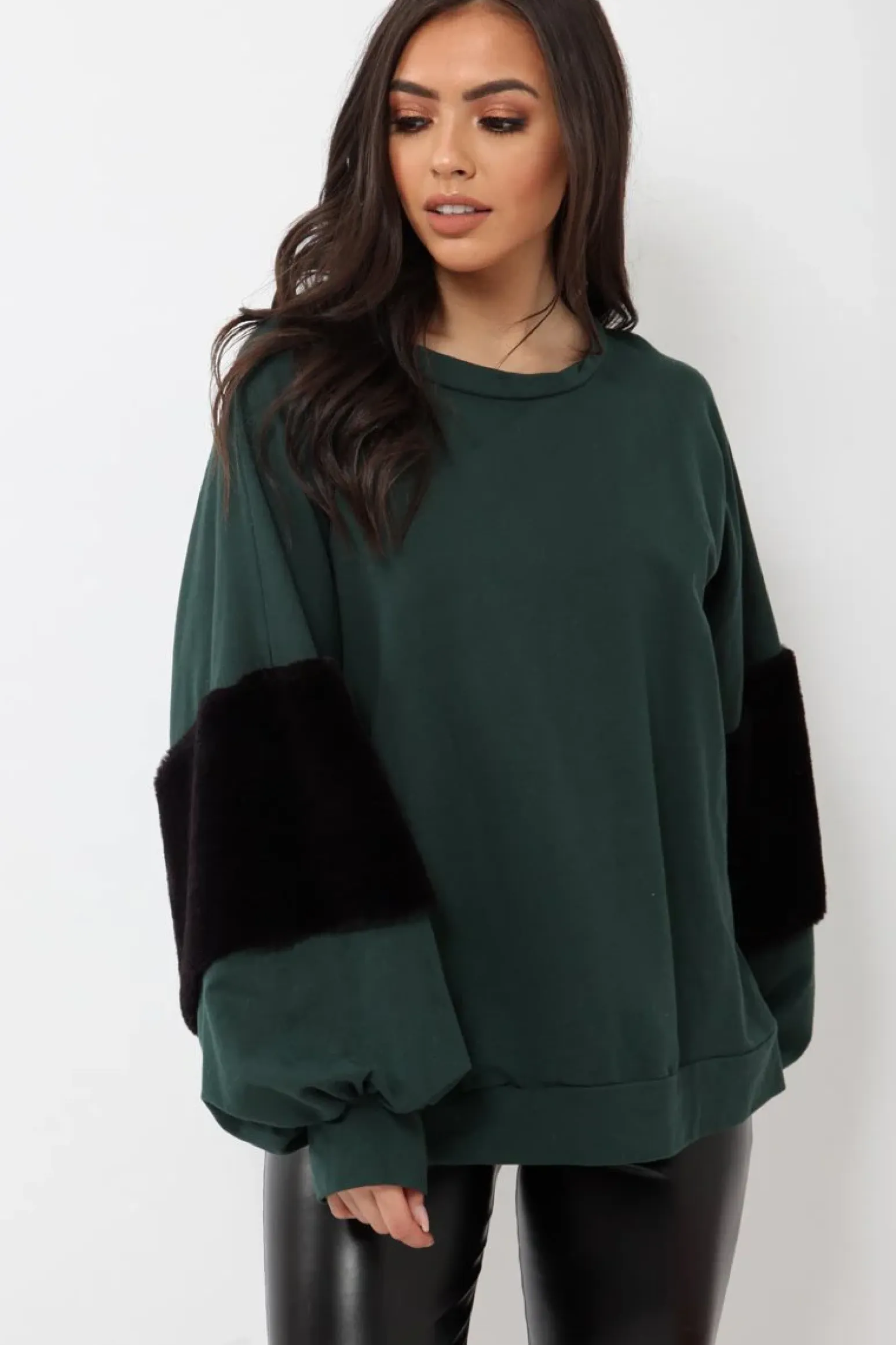 Rebellious Fashion Green Jumper with Fur Sleeves - Stephanie