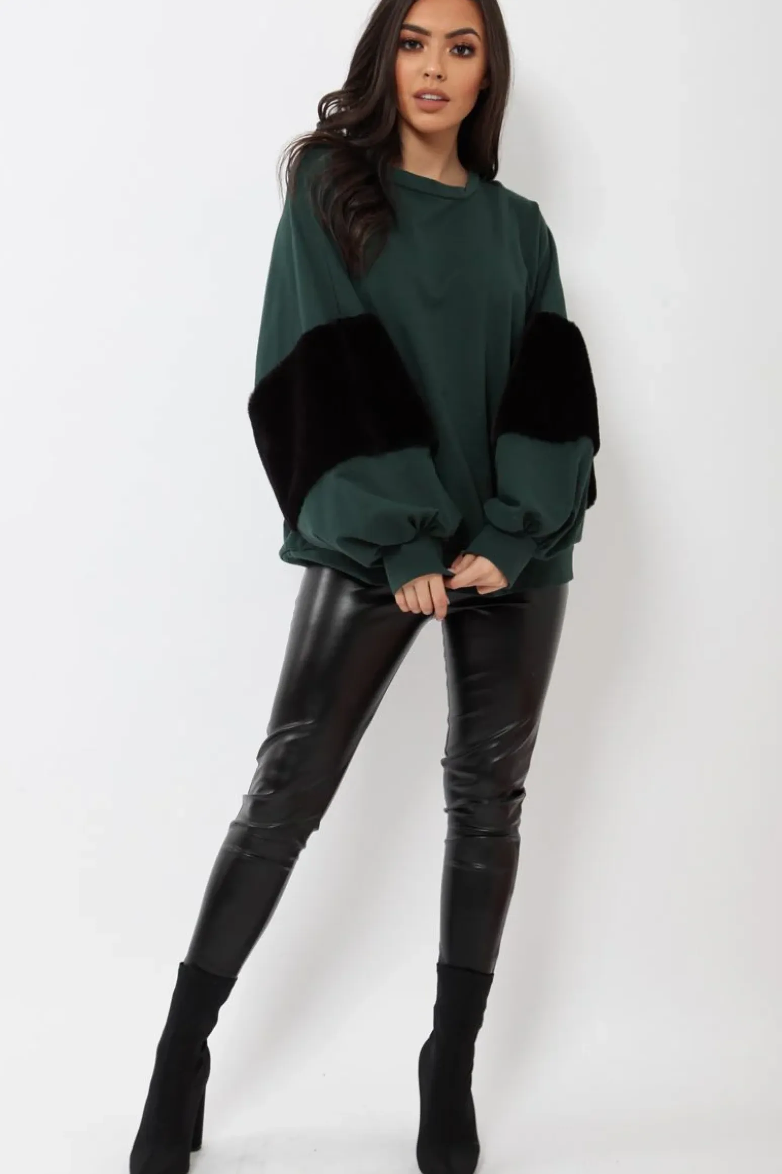 Rebellious Fashion Green Jumper with Fur Sleeves - Stephanie