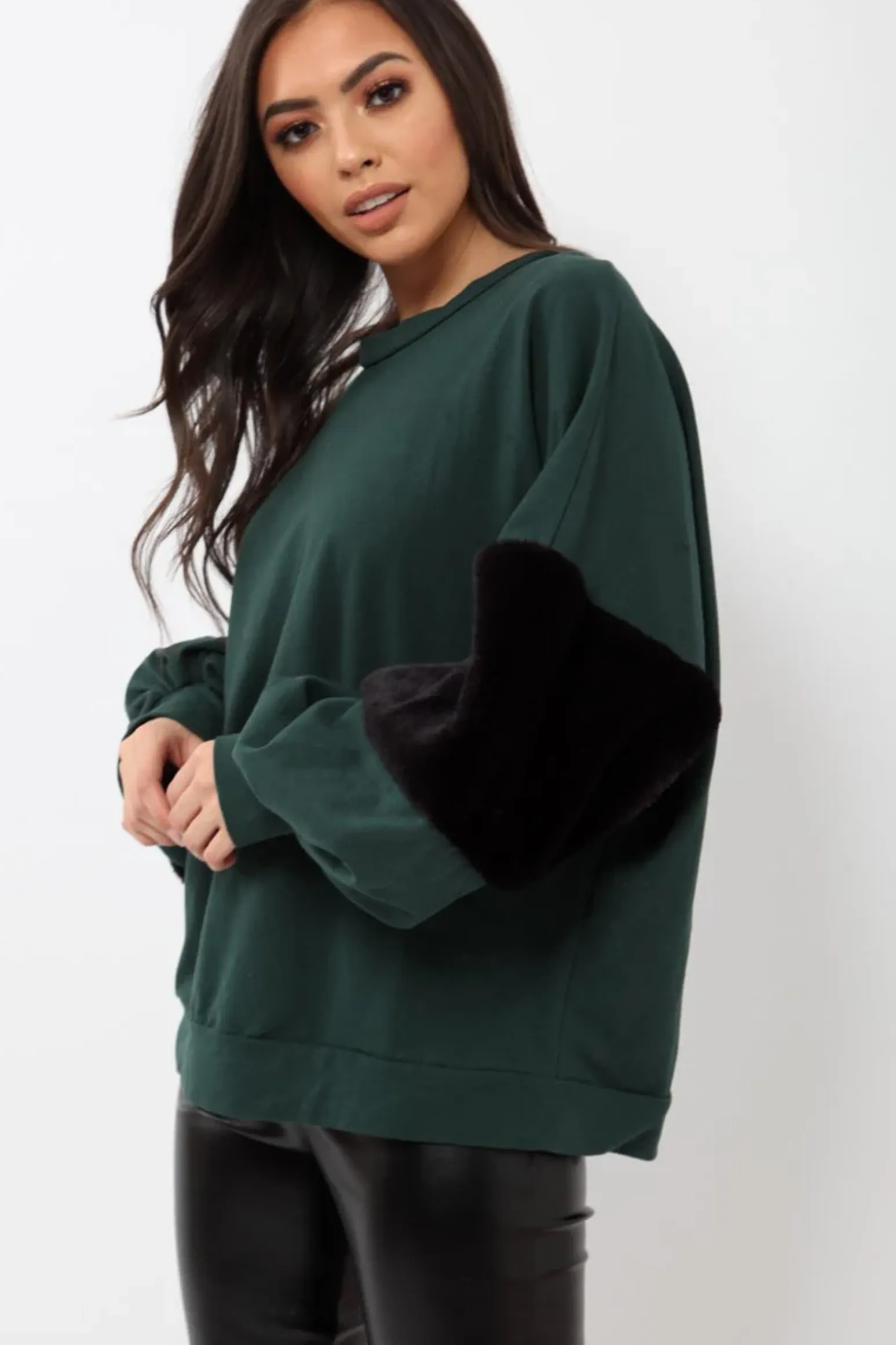 Rebellious Fashion Green Jumper with Fur Sleeves - Stephanie